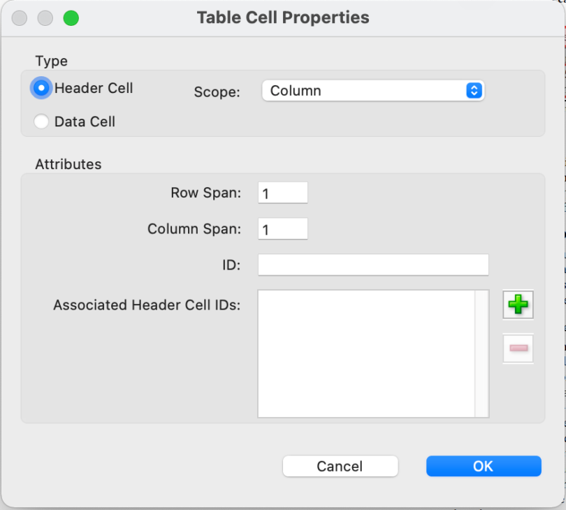 'Table Cell Properties' dialog includes the ability to mark a cell as type Header Cell or Data Cell, and to indicate the scope in a drop-down control.