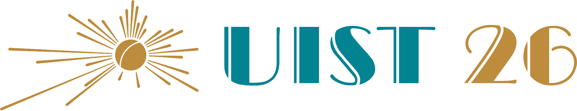 UIST 2026 horizontal logo for light backgrounds: a gilded sphere with radiating beams beside the letters UIST in teal and 26 in gold