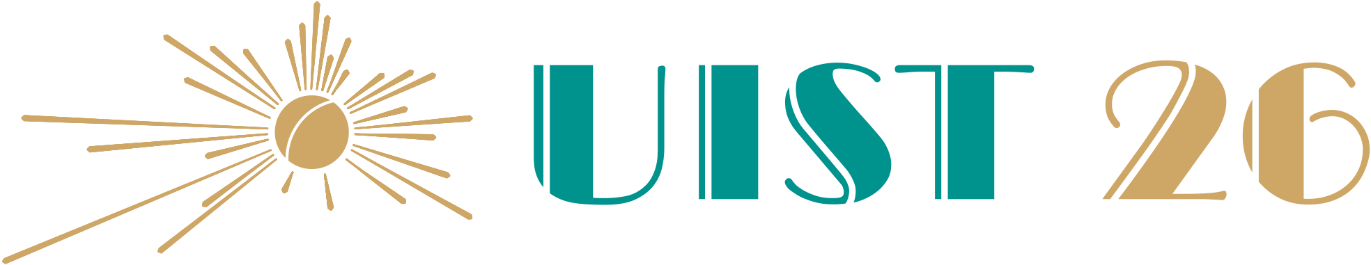 UIST 2026 horizontal logo for dark backgrounds, in brighter gold and teal on charcoal