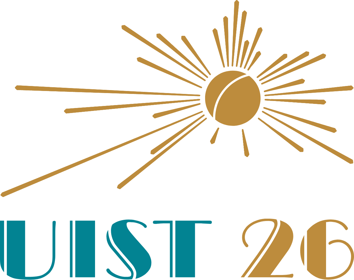 UIST 2026 short logo for light backgrounds: gilded sphere above UIST 26 lettering, in deeper gold and teal