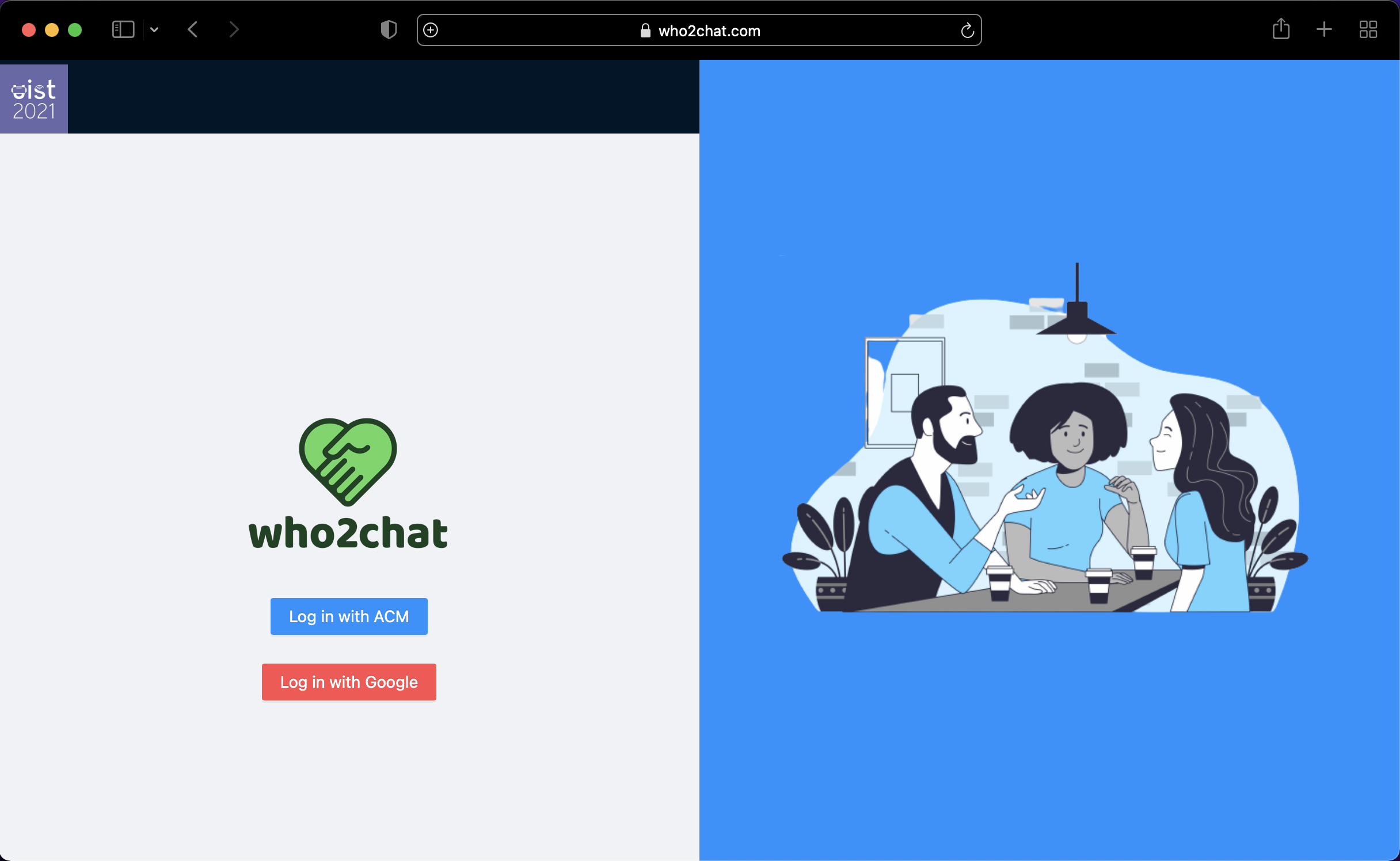 Who2Chat website: login page.